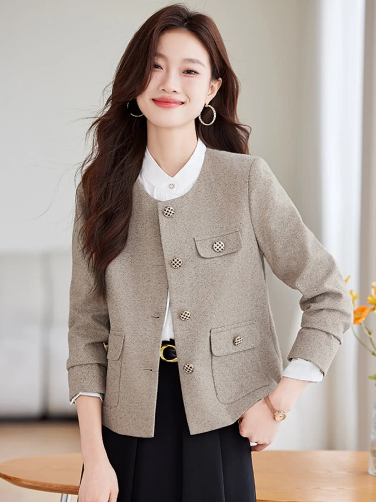Elegant Short round Neck Single Button Women's Suit Jacket Autumn Winter New Style British Style Fashionable Name Lady Coat