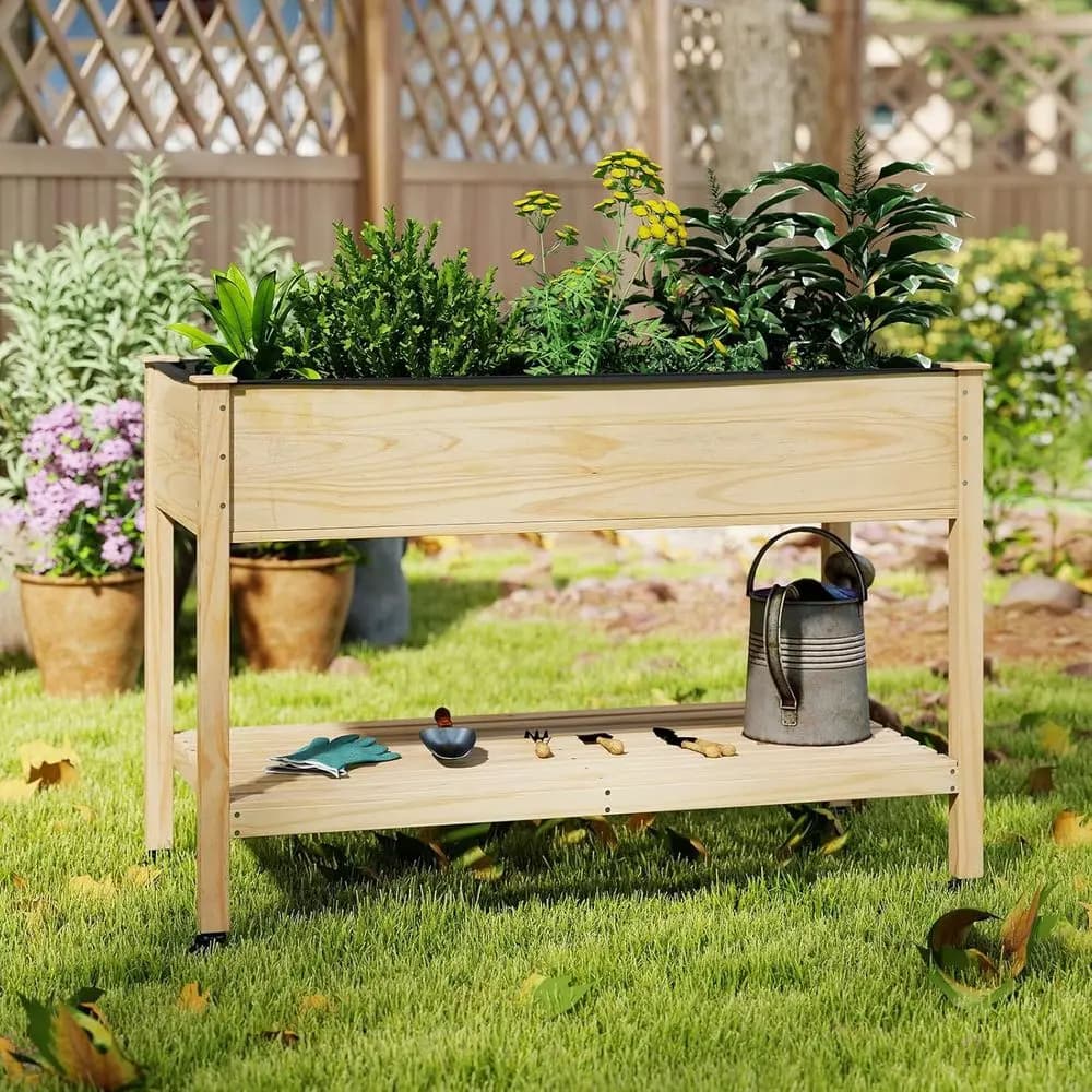 Fioriera Rialzata in Legno con Ruote, Vaso da Giardino Elevato, Ripiano Portaoggetti, Rivestimento e Fori di Drenaggio, Adatta per Interni ed Esterni
