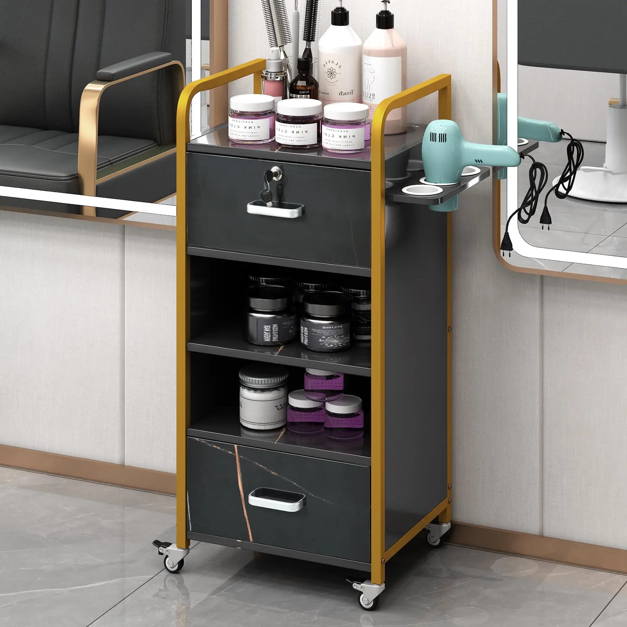 Salon Trolley,Locking Wood Modern Salon Storage Cabinet With 3 Hair Dryer Holders & 2 Drawers 4-Wheel Easy Moving Salon Trolley