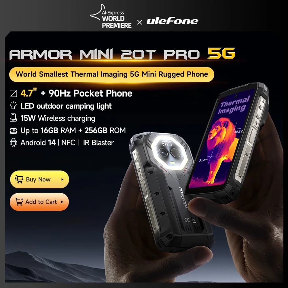 【World Premiere】Ulefone Armor Mini 20T Pro 5G 4.7" Display Rugged Phone LED Light Android 14 Smartphone 6200mAh 16GB+256GB 33W