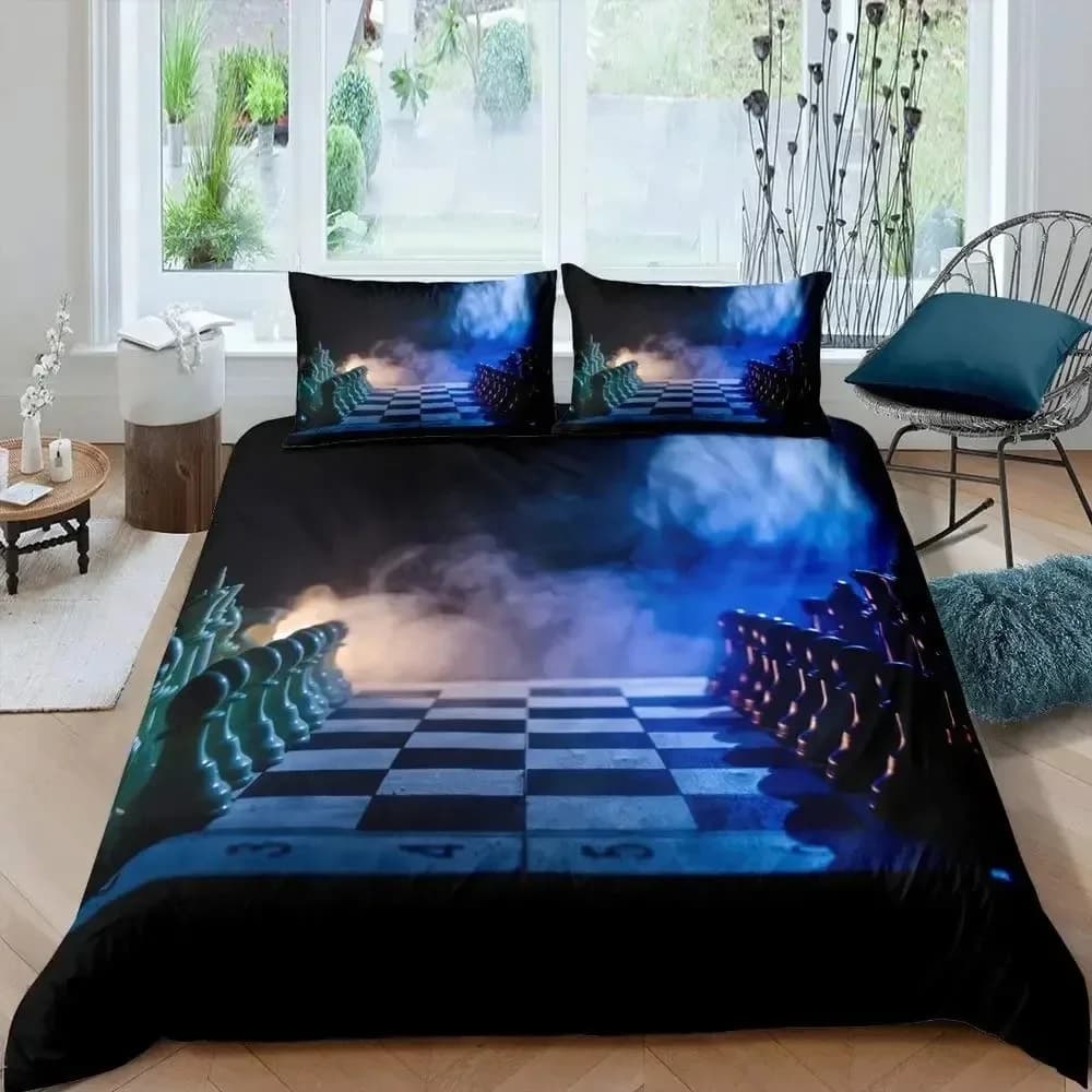 Set copripiumino International Chess Queen Size, set biancheria da letto per amanti degli scacchi, per bambini e adulti, copripiumino in microfibra nera