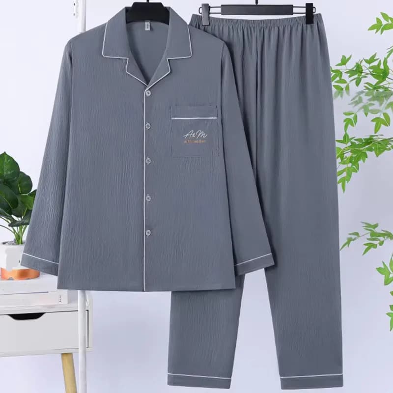 Men's Korean‑Style Simple 2‑Piece Pajama Set for Spring & Autumn, Casual Versatile Comfortable Open‑Front Cardigan Loungewear