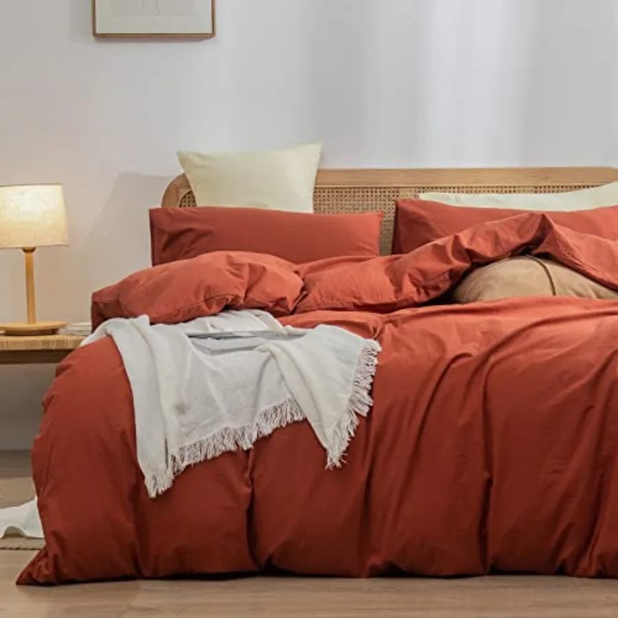 Cotton Solid Duvet Cover Set Linen Feel Burnt Brick Red Queen Washed Cotton, Linen Feel, Soft Wrinkle Texture, Hidden Zipper, 8