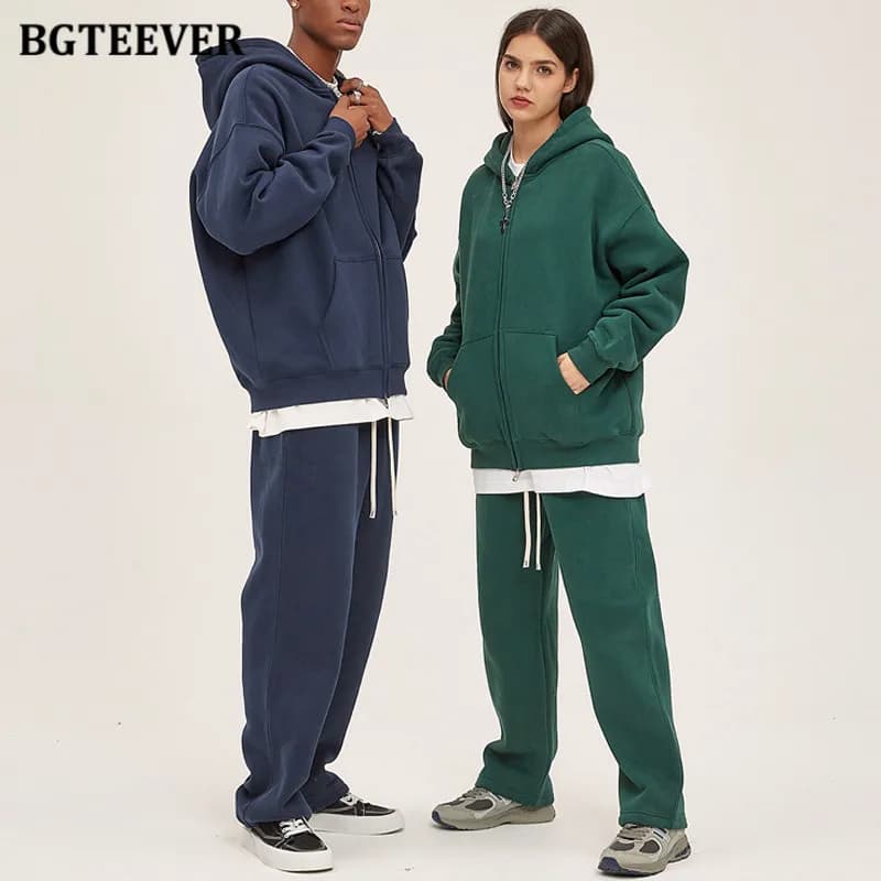 BGTEEVER Thicken Fleece Warm Trousers Set Women Zippers Hoodies Sweatshirts Female Long Sweatpants Winter Tracksuits Women