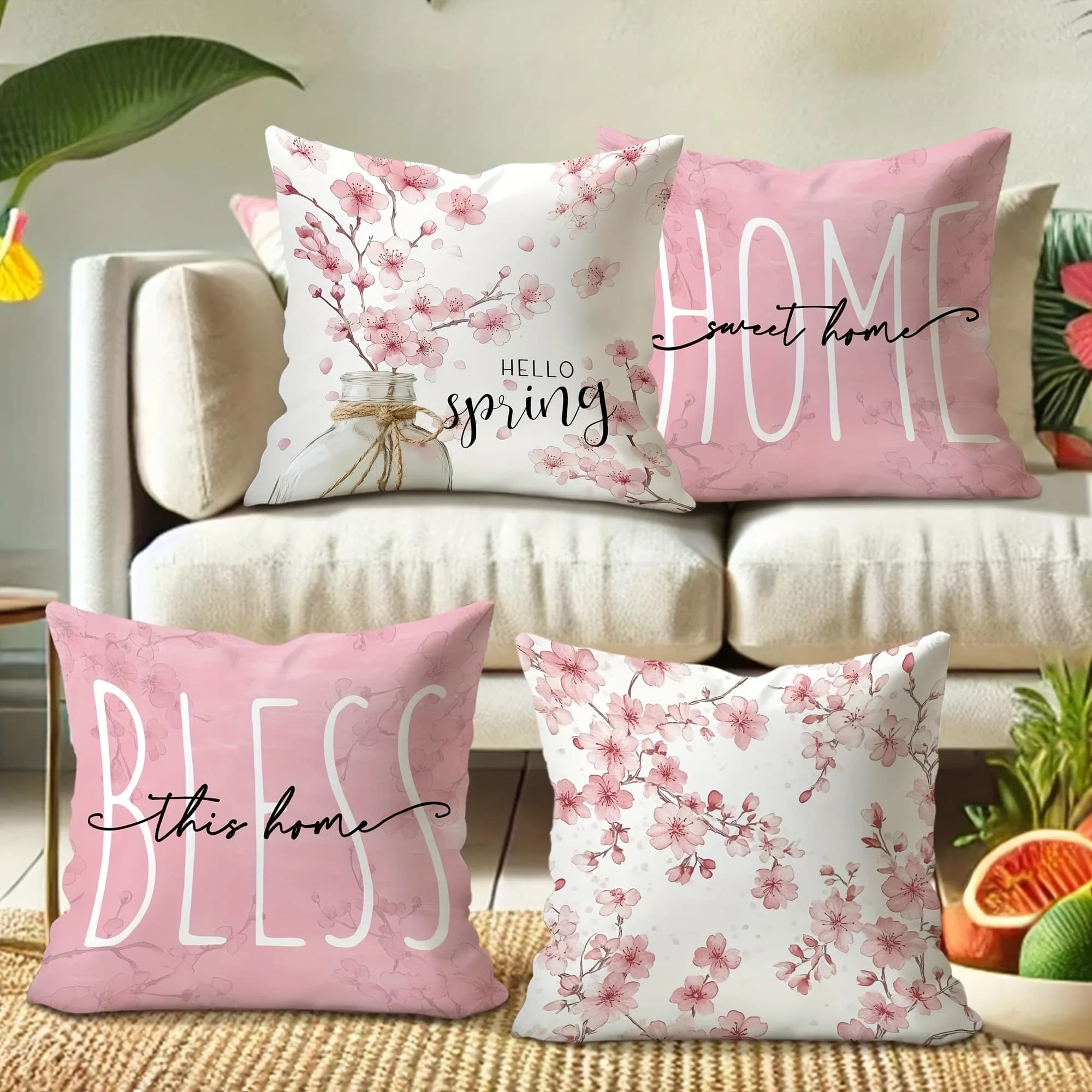 Fodera per cuscino Cherry Blossom Joy: abbraccia la primavera, prega per la casa, fodera per cuscini per divano e sedia, decorazione per la camera da letto Short plus