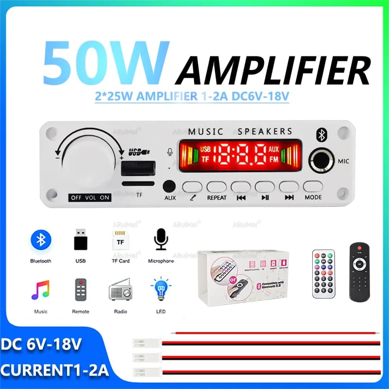 Kit completo amplificatore Bluetooth 5.0 da 50 W con cavo di alimentazione remoto, DC 6-18 V per mini sistema stereo con altoparlante portatile fai-da-te per audio per auto