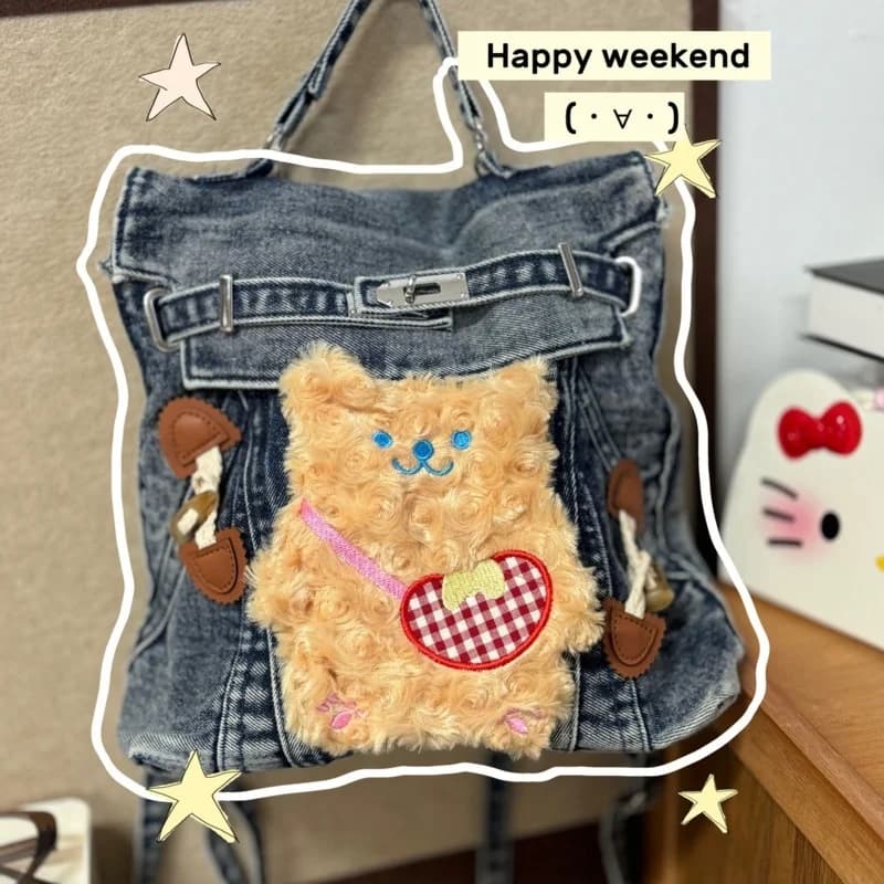 Cute Homemade Backpack Bear Niche Backpack Y2K Washed Denim Bag Big Capacity Shoulder Bags Girls School Bags Travel Jean Bagpack