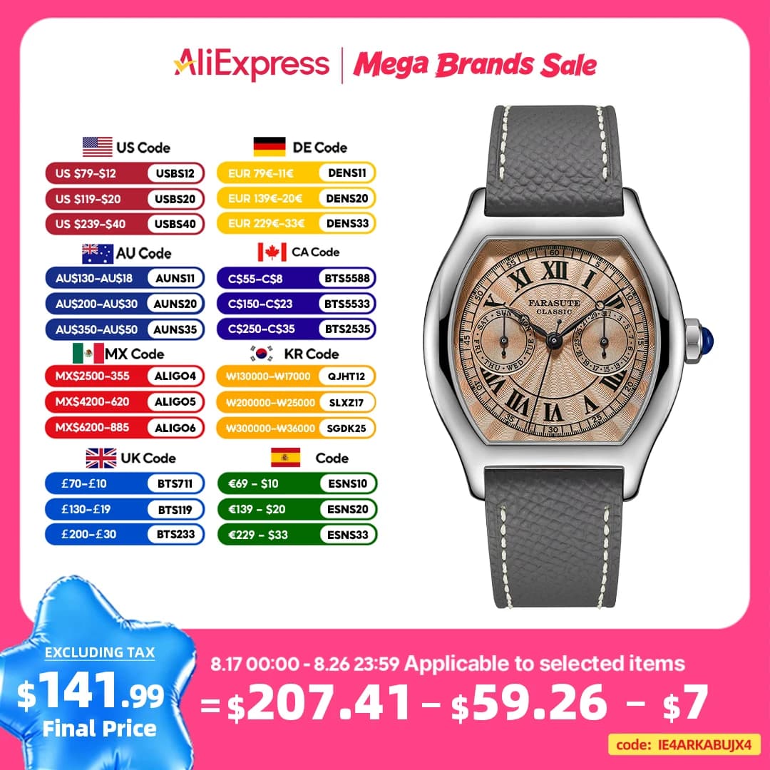 FARASUTE 36mm Luxury Retro Men's Quartz Watch VH64 Sports Movement Stainless Steel Fashion Sapphire Glass Waterproof Relogio watch