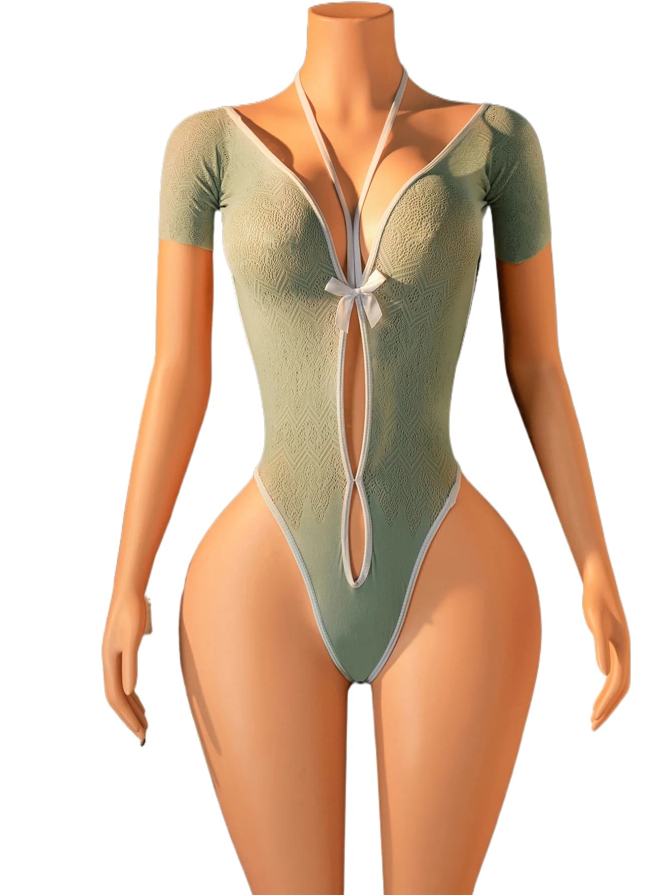 Women's Sexy Lingerie One Piece Bodysuit Sexy Deep V Neck Bow Knot Contrast Trim Cutout Beach Pool Swimsuit Teddy Lingerie