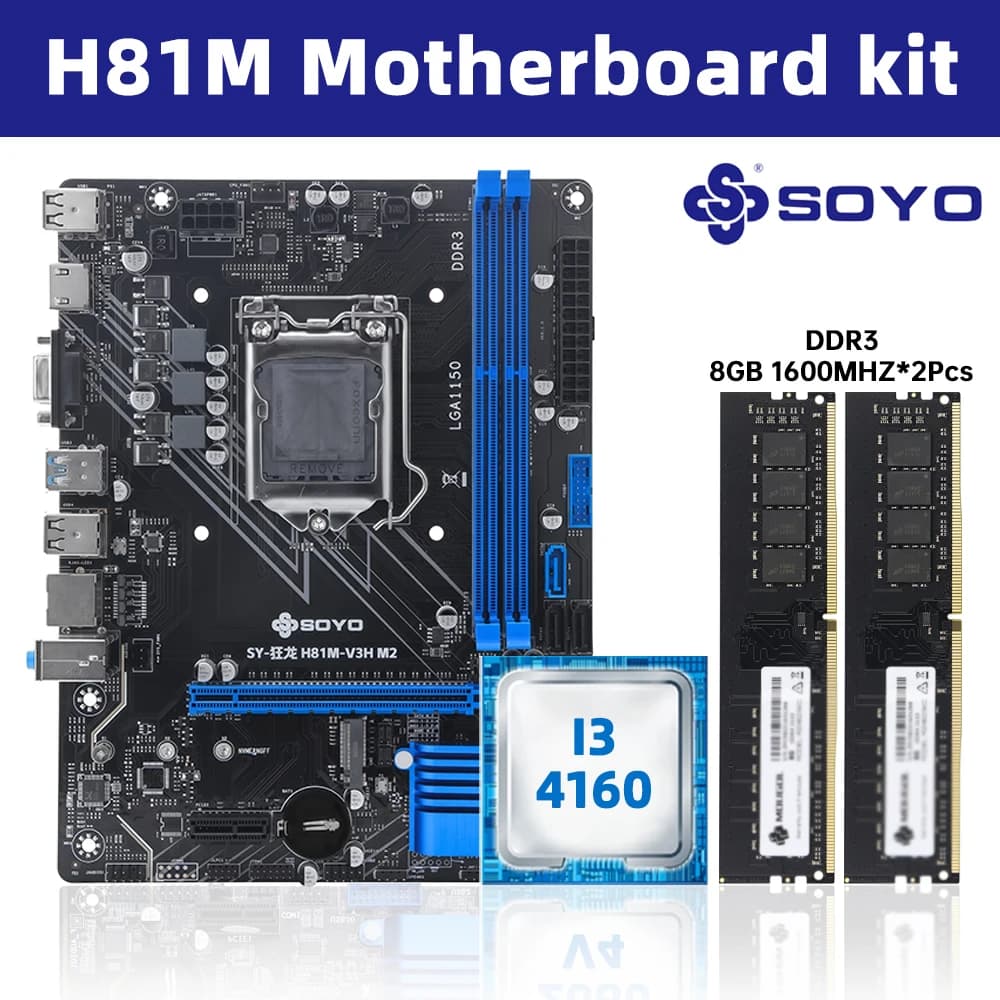 SOYO H81M Set of Motherboards for Intel i3-4160 Processor and RAM DDR3 8 GB 1600 MHz M.2 NVME PCIEx16 HDMI Interface VGA LGA 1150