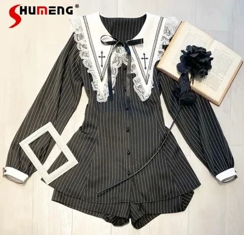 Abito nero ricamato prodotto in massa giapponese Rojita Lolita top camicia monopetto + pantaloncini due pezzi set donna Outifits