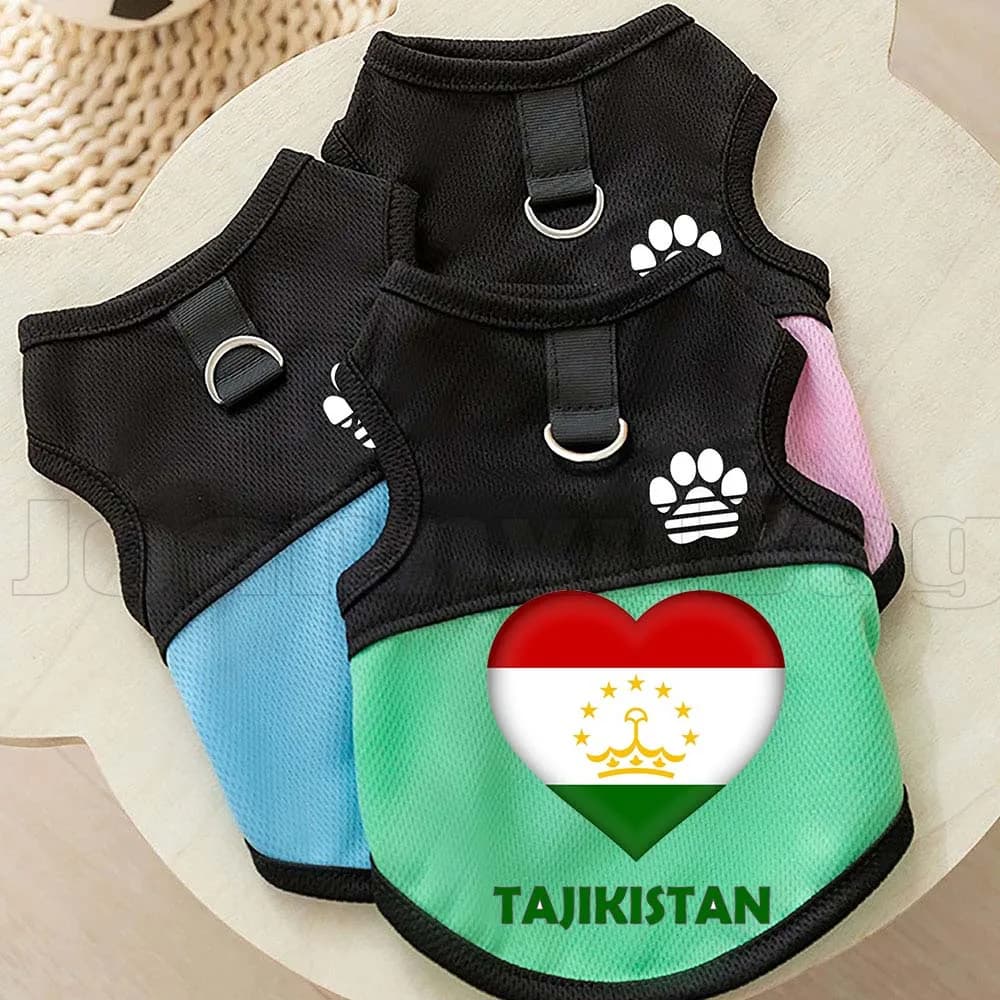 Pettorina a rete con bandiera a cuore del Tagikistan per cani e gatti, abbigliamento primaverile/estivo per cuccioli e gattini, gilet per cani con anello a D per guinzaglio