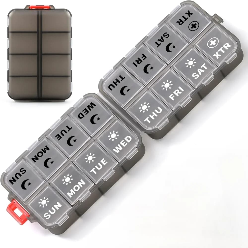 Weekly pills, 2x Daily Morning and Evening, Travel Case for Vitamins and Supplements for 7 Days - Foldable, Grey