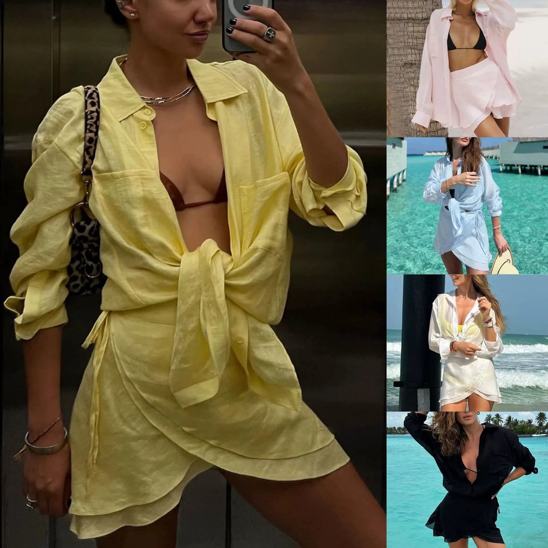 2025 Summer Beach Camicia di protezione solare Mare Tempo libero Vacanza Abito Costume da bagno Camicia Set Camicia da donna Top + Gonna corta Abiti