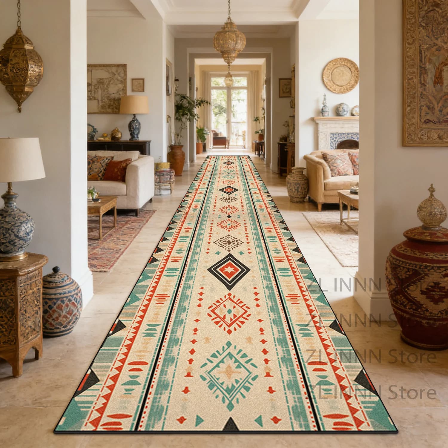Tappeto Lungo Stile Marocchino per Corridoio, Passatoia Etnica Decorativa per Soggiorno, Tappetino Antiscivolo Lavabile per Veranda