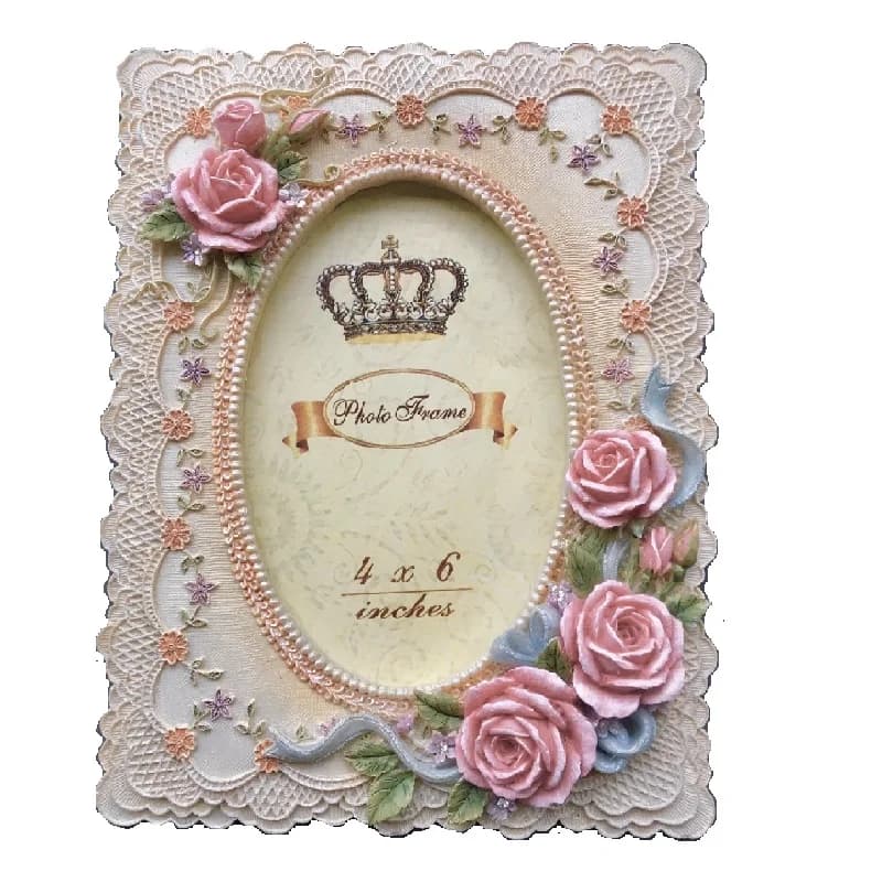 6 Inch Frame with Fashionable Lace Resin Rose, Crafts for Desktop Home Decoration