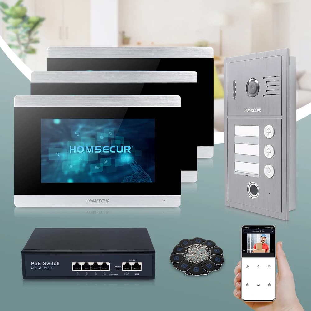 HOMSECUR Videocitofono IP PoE Cat6 con WIFI cablato da 7 pollici per 3 famiglie