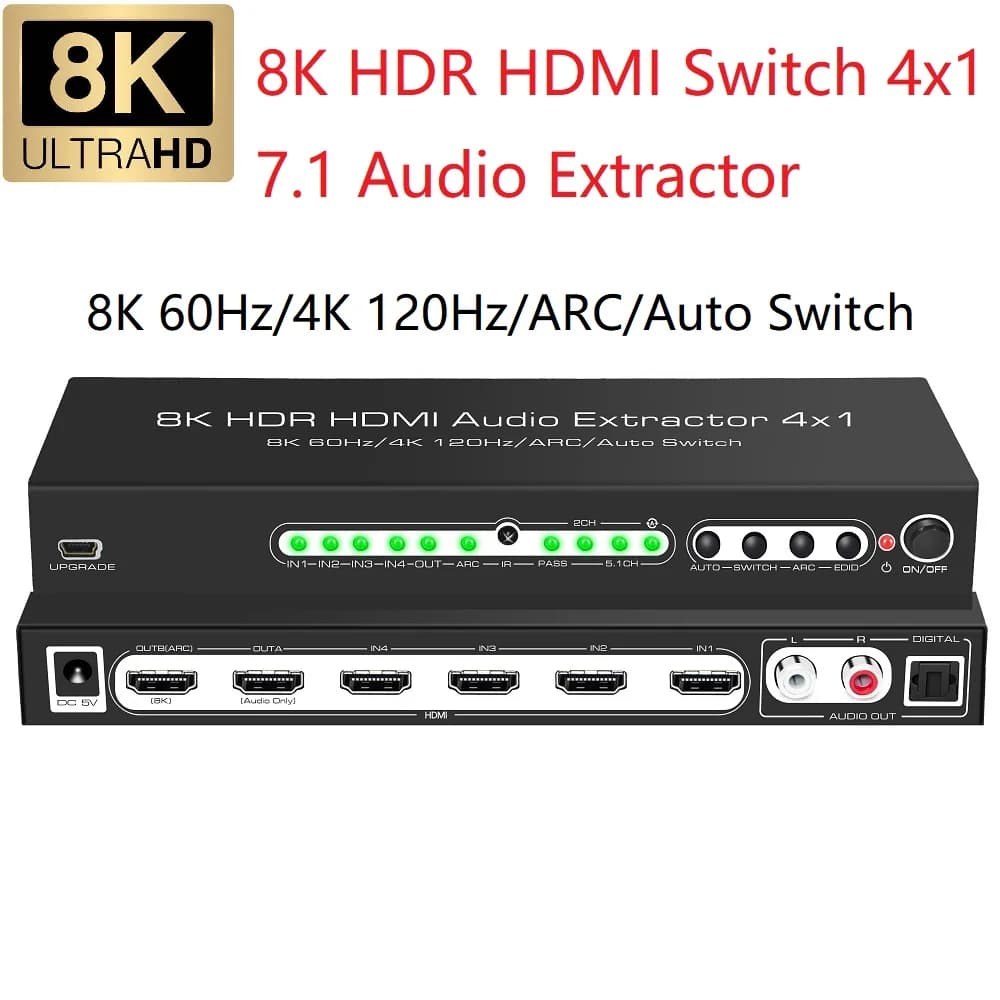 Switcher compatibile HDMI 8K 60Hz HDR10 + UHD Dolby Versione Atmos HLG ARC HD Switch 4 in 1 uscita 4K120Hz VRR Interruttore automatico