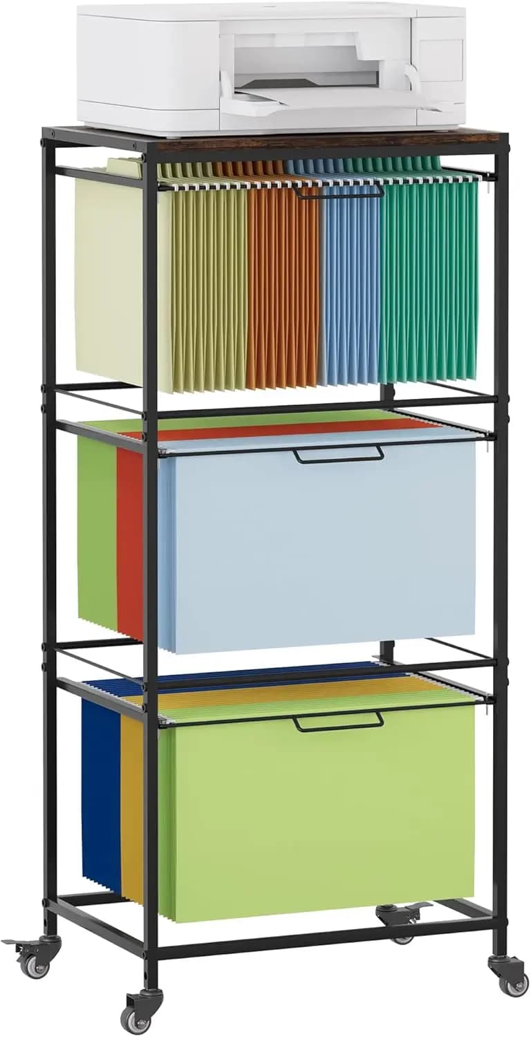 Carrello Portadocumenti con Ruote, Scaffale Metallico a 3 Livelli Estraibile per Cartelle Formato Lettera e Legale, Carrello Portadocumenti Portatile per Ufficio
