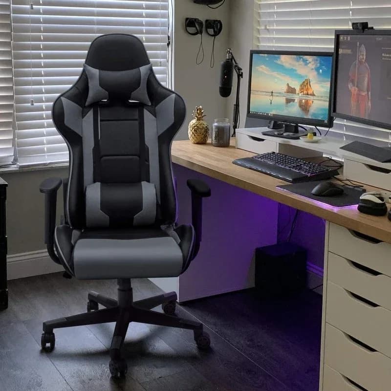 VENDITA CALDA. Sedia da gioco, sedia da ufficio sedia da lavoro girevole per computer con schienale alto con poggiatesta e supporto lombare (grigio), casa.