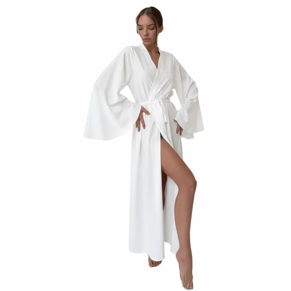 Sexy Style Solid Color Satin Robe Long Sleeves High Waisted Belted Robe Split Design Soft Home Wear for Women