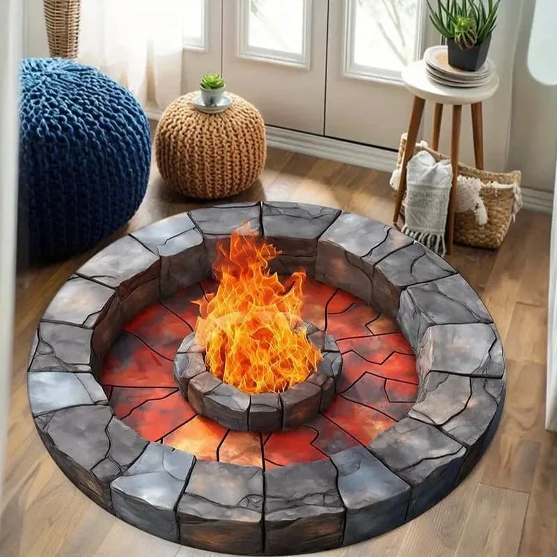 3D Vision Fire Pit Non-slip carpet Living room decoration Round carpet Waterproof bedroom carpet Washable on bedside Creative carpet