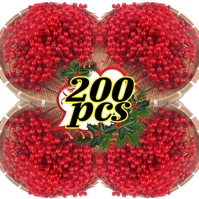 200/10 pz Bacche Rosse Artificiali Di Natale Steli 7 Testa False Bacche di agrifoglio Fiori per l'albero di Natale Ornamenti Corona FAI DA TE Decorazioni Del Partito