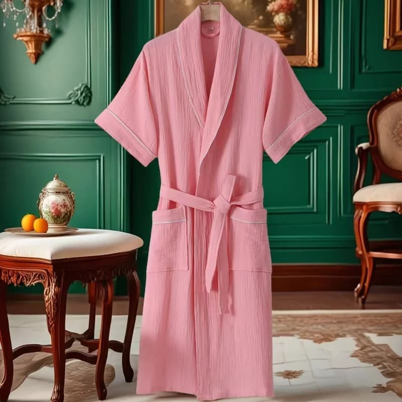 Women's Spring Summer Thin Half Sleeve Cotton Bathrobe Sleepwear Breathable Water Absorbing Yukata Home Robe for Comfortable
