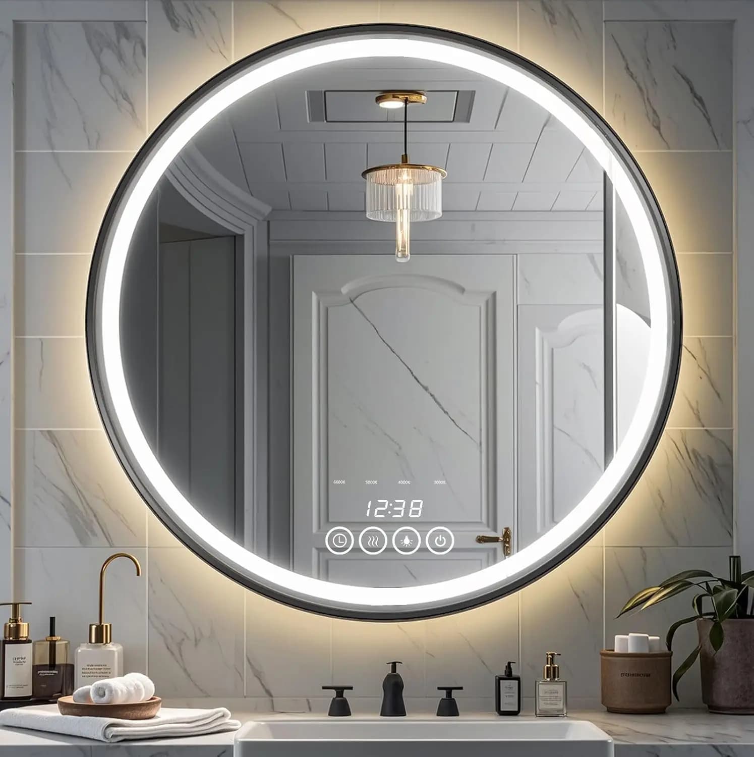 Specchio da bagno rotondo da parete da 24 pollici con luci a LED - Specchio da toeletta con cornice (24" x 24", Nero)