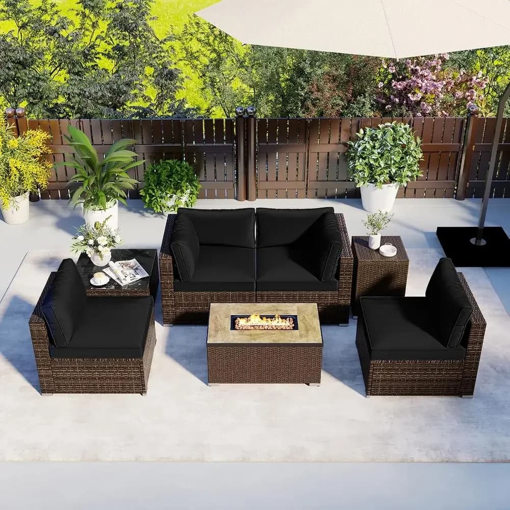 Offerta Speciale: Set Divano Sezionale da Esterno a 7 Pezzi con Tavolo Braciere da 32 Pollici e Copertura per Bombola GPL per Terrazza, Giardino e Cortile (Bl