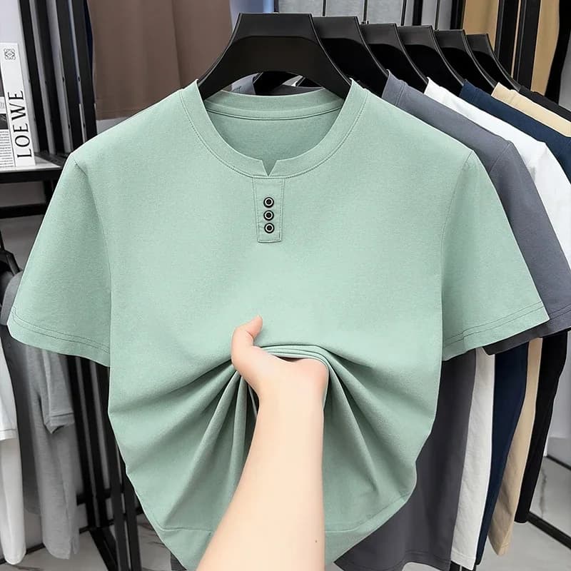 T-shirt casual da uomo con collo Henley, maniche corte, con bottoni, traspirante e confortevole, per l'abbigliamento estivo da uomo.