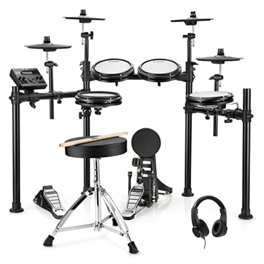 Batteria Elettronica DED-200X con Pad in Mesh Silenziosi, Finitura Nera, Oltre 450 Suoni, USB MIDI, Lezioni di Melodica, Include Sgabello e Cuffie