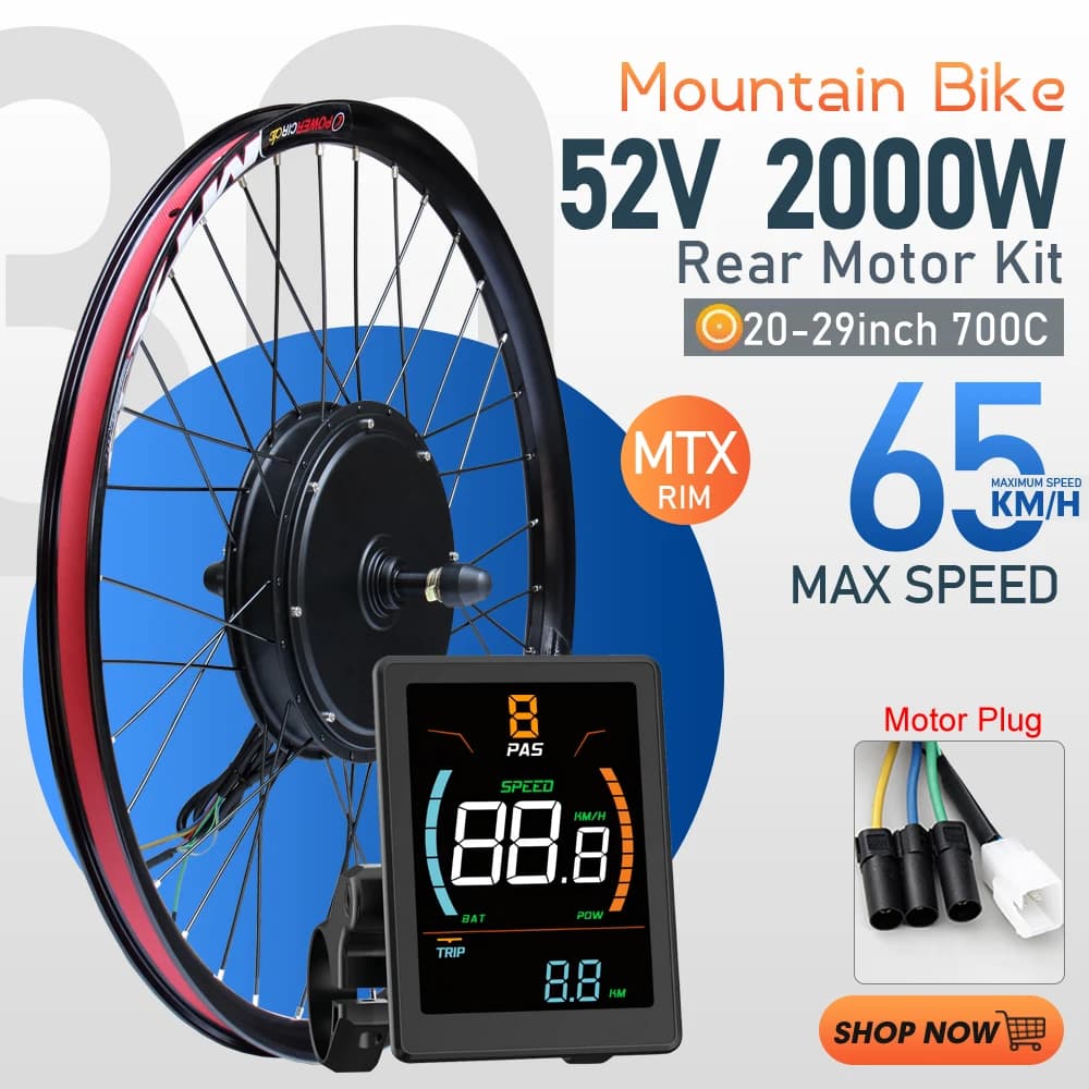 Kit di conversione per bici elettrica MTX 52V 2000W 20'' 26'' 27.5'' 29'' con motore brushless per ruota posteriore per kit motore mozzo e-bike