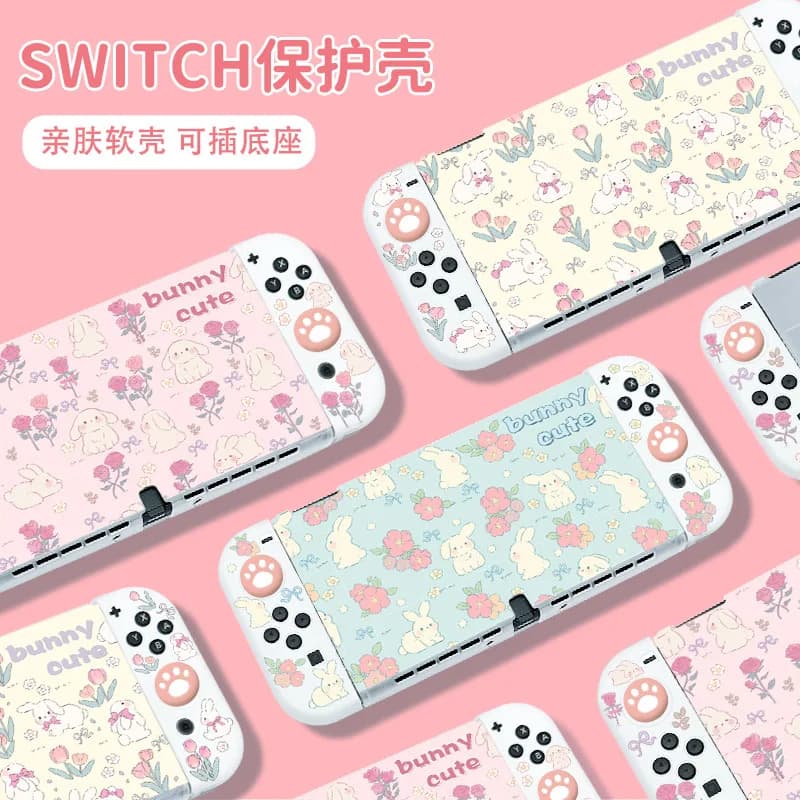 Custodia Protettiva Morbida Trasparente Rosa Primaverile con Coniglietto per Nintendo Switch OLED, Cover Scomponibile e Copri-Grip per Levette Dockabili