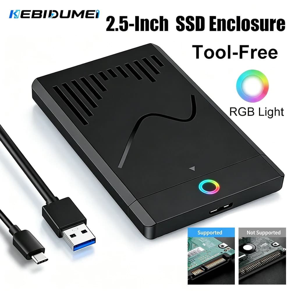 KEBIDUMEI Tool Free RGB Slide Cover 2.5" SATA HDD SSD Enclosure 5Gbps USB3.0 Type-C 3.1 External Hard Drive Disk Box