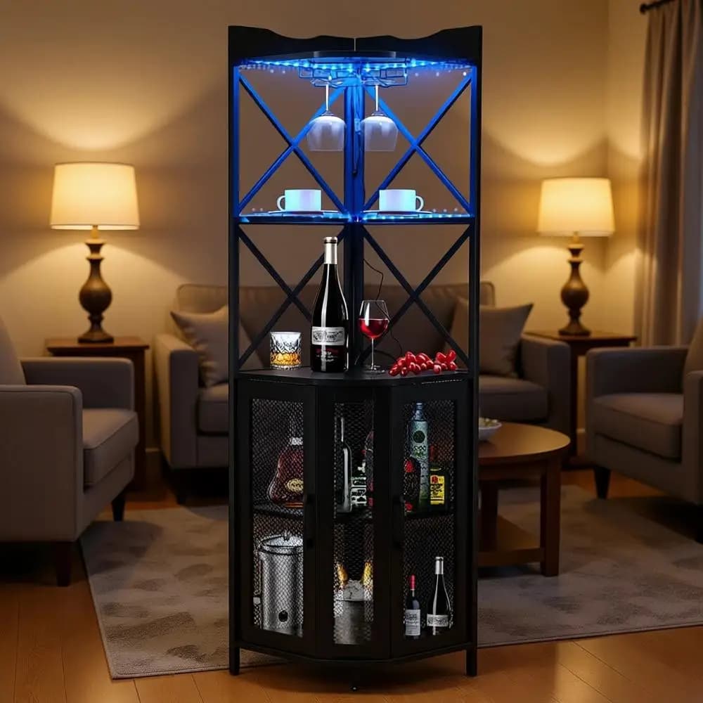 Mobile Bar per Vini a 5 Ripiani con Illuminazione LED, Portabicchieri e Presa di Corrente in Nero Moderno