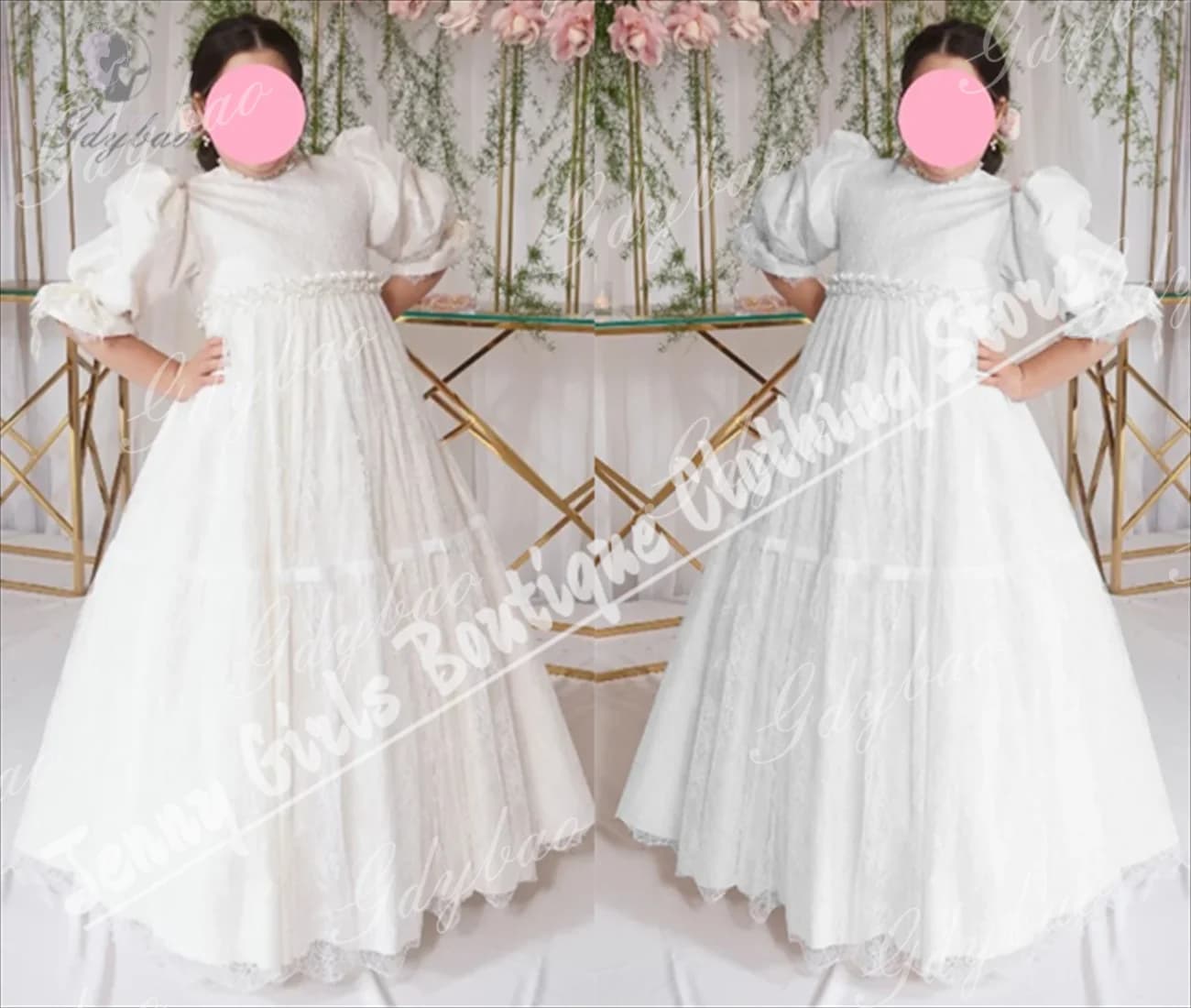 Personalizza abiti da ragazza di fiore boutique in pizzo bianco a mezza manica gonfio per abiti da ragazza per eventi ufficiali della festa nuziale