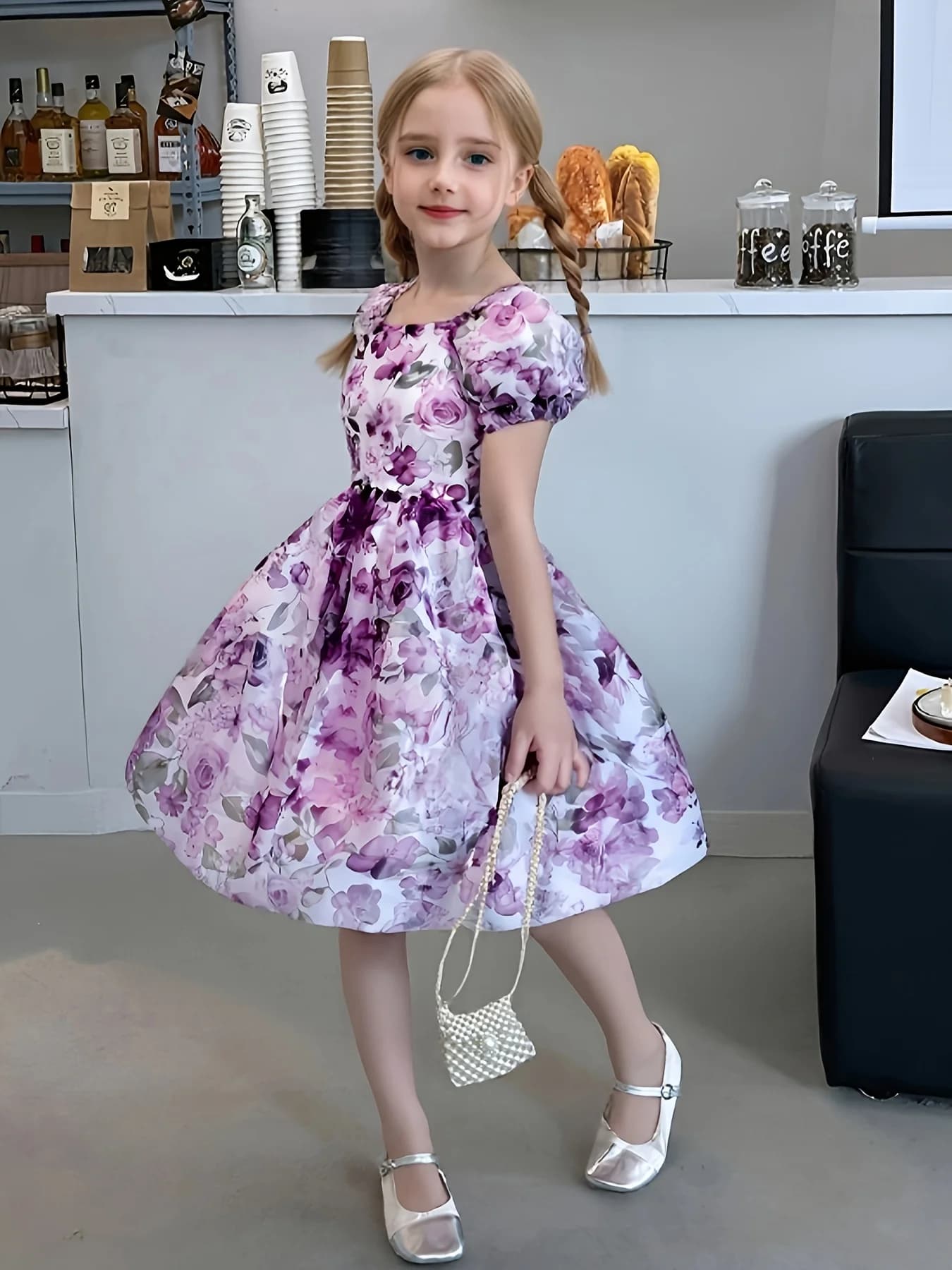 Abito da ragazza dolce moda vento delicato colletto quadrato floreale in fibra di poliestere con maniche a palloncino stile estivo