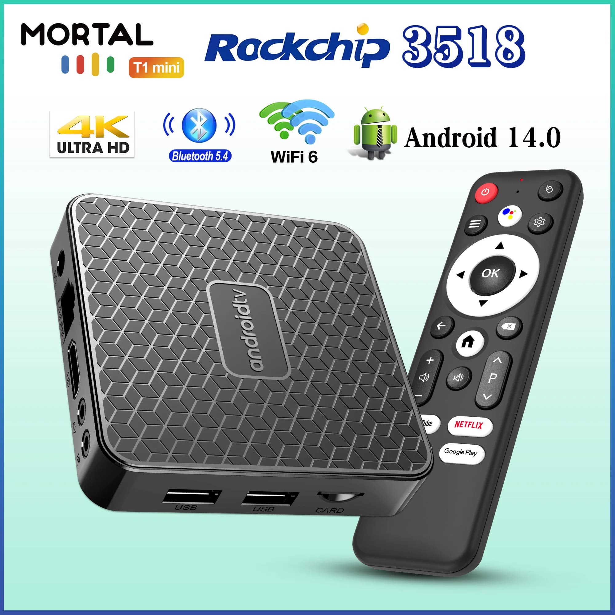 Nuovo Mortal T1 Mini RK3518 Smart TV Box Android 14 ATV TV Box 4K@60fps Wifi6 BT5.0 Assistente Vocale Lettore Multimediale Set Top Box