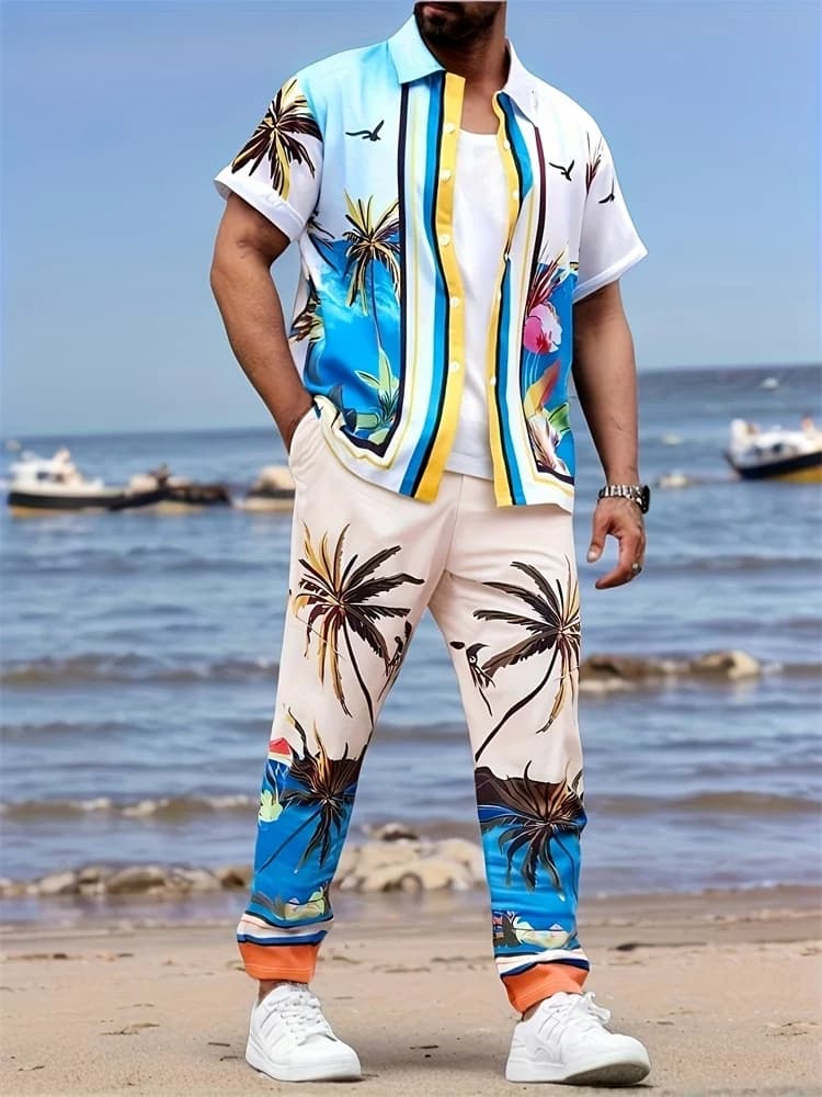 Hawaiian Seaside Vacation Men's Casual Shirt Set, Colorful Coconut Tree 3D Printed Men's Lapel Shirt And Trousers S-2XL