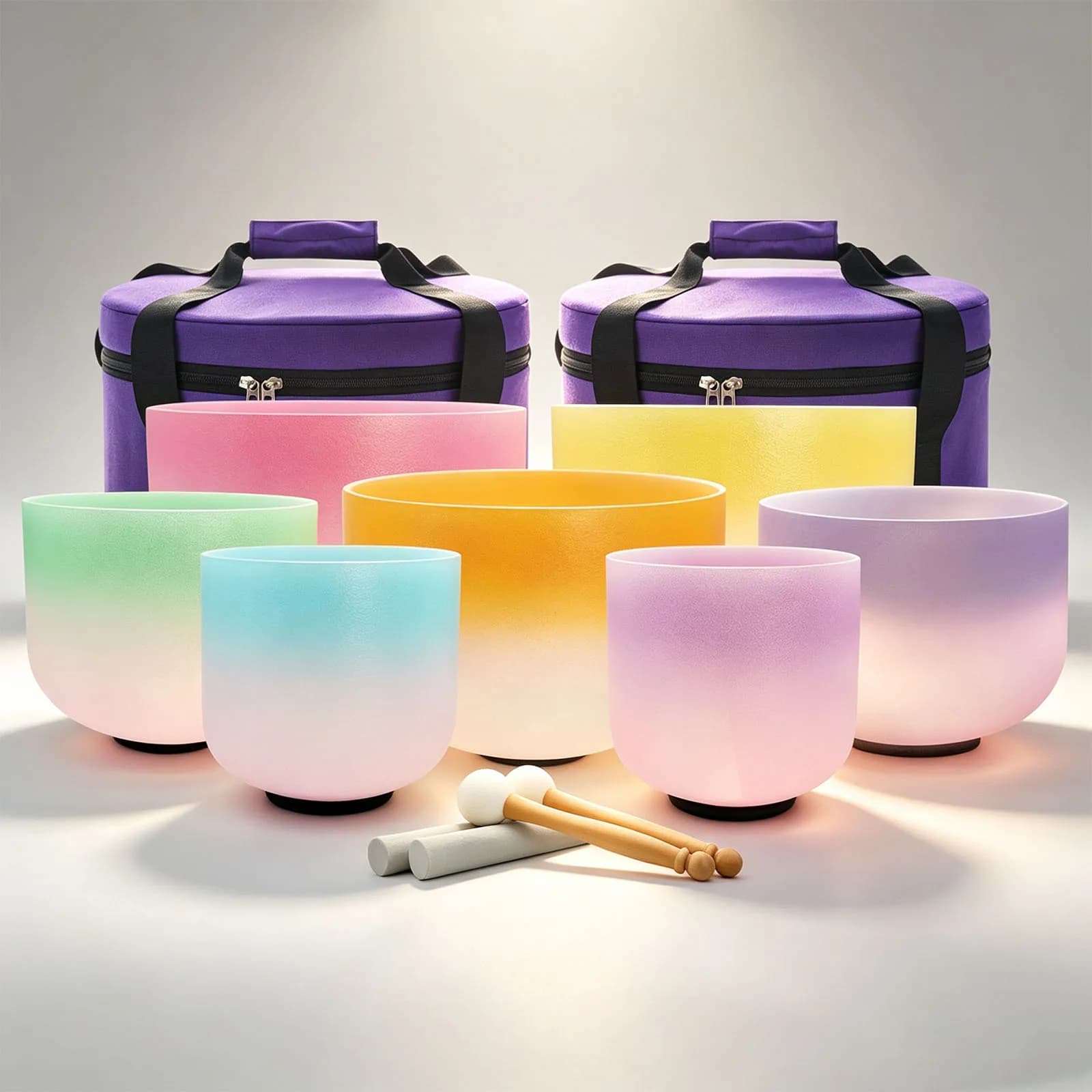 KVKA 6–12 Inch Crystal Singing Bowls Set Gradient Colors Chakra Sound Healing Deep Relaxation with Carry Bag