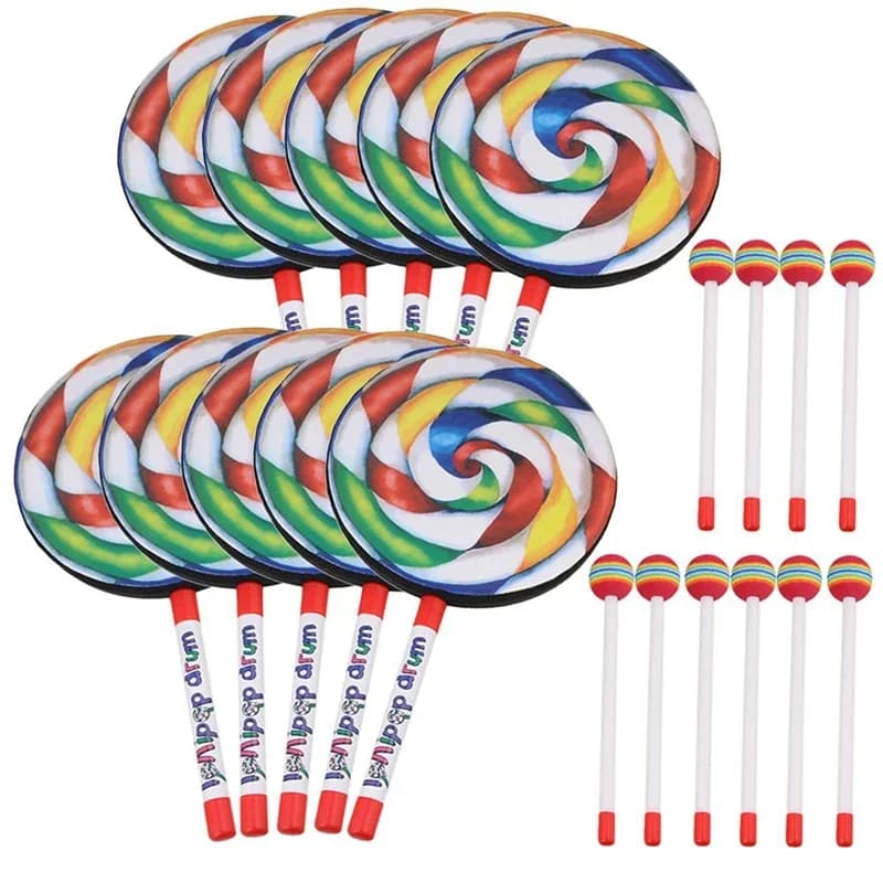10 pezzi tamburo a forma di lecca-lecca da 7.9 pollici con martello Color arcobaleno strumenti per il ritmo della musica bambini che giocano giocattolo