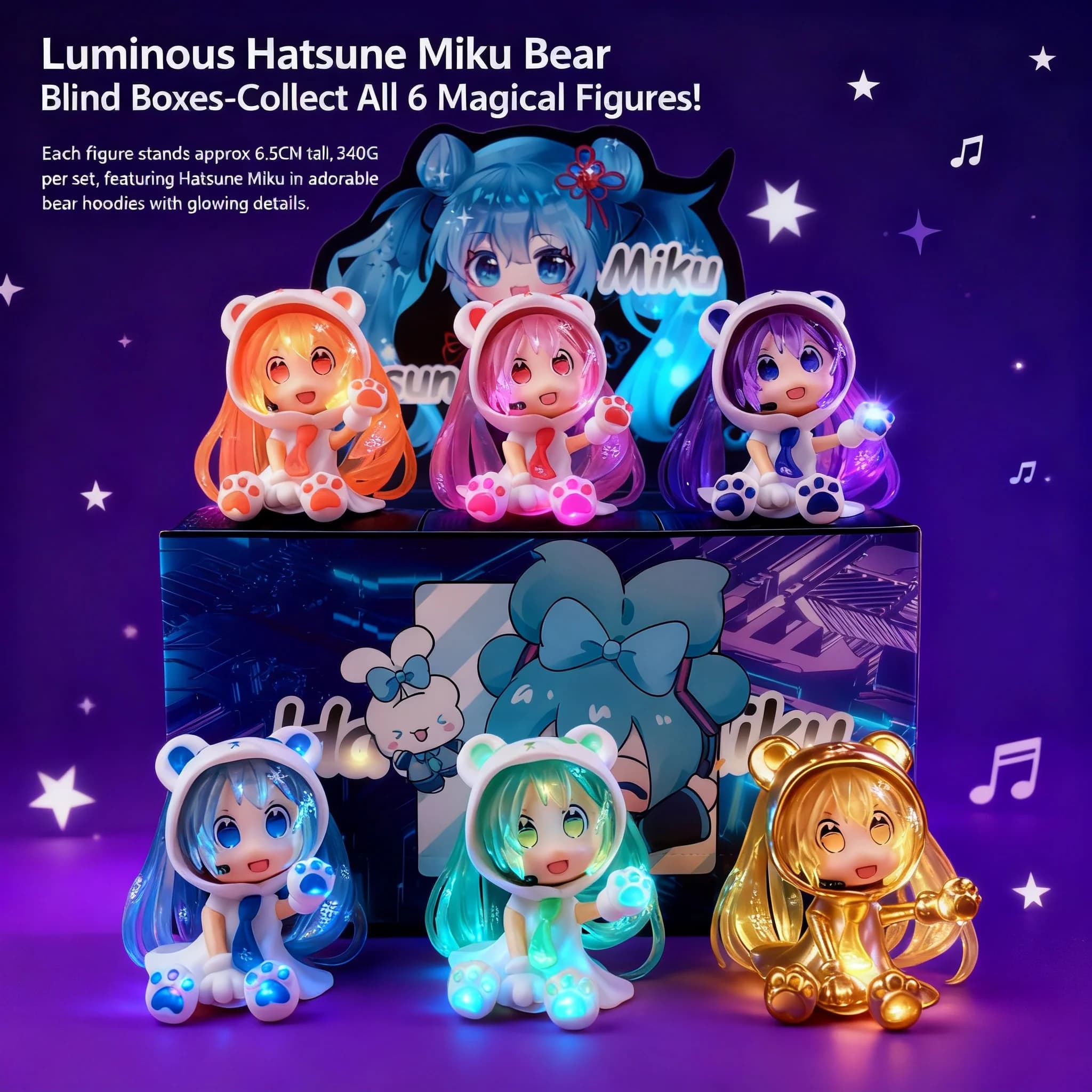 Glow in the Dark Hatsune Miku Bear Figure Blind Box Glowing Anime Toy Model Gashapon Capsule Crane Game Prize Car Decor Ornament