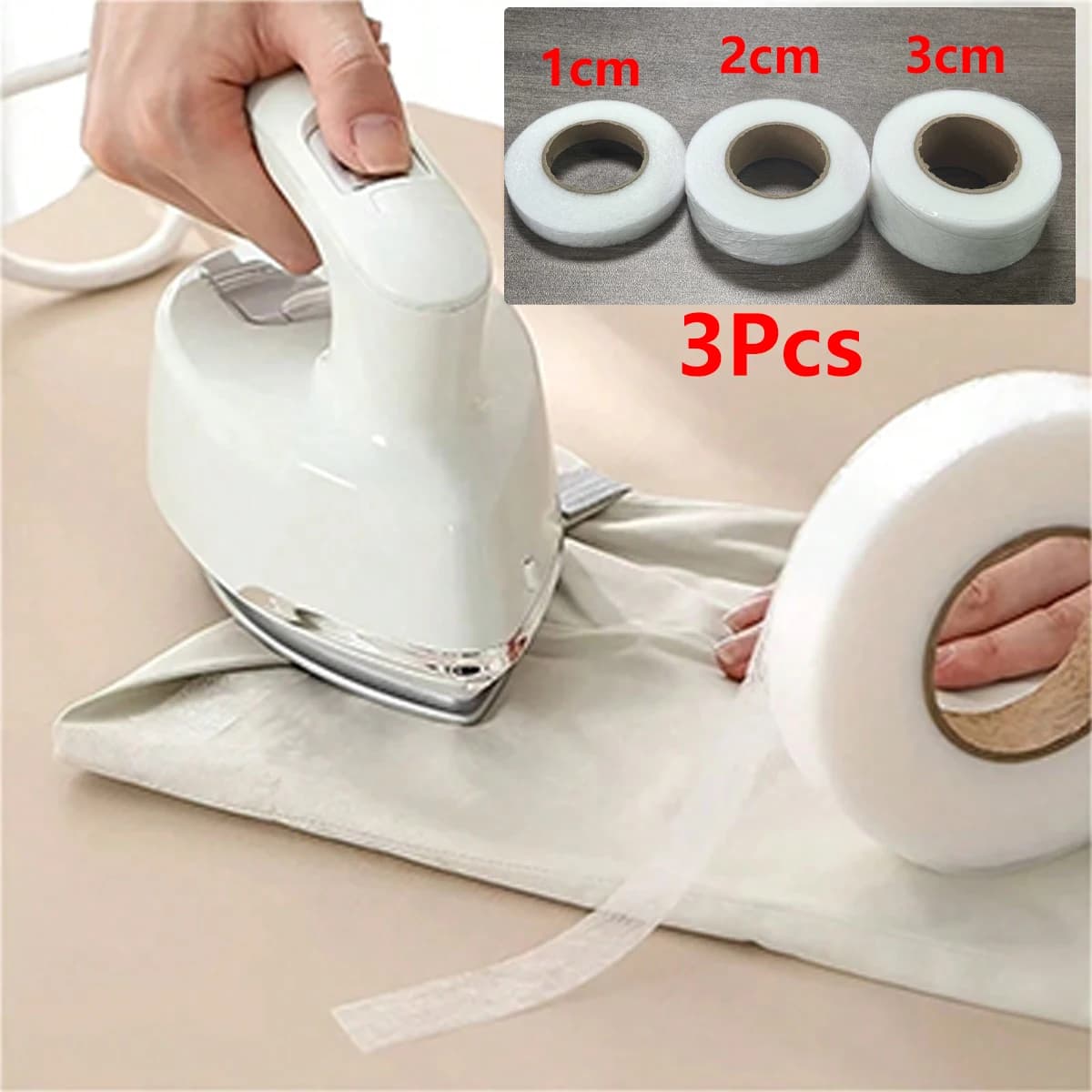 Confezione da 3 nastri termoadesivi bifacciali da 30 iarde (larghezza: 1 cm + 2 cm + 3 cm), nastro adesivo termofusibile resistente, nastro termoadesivo per modifiche di abbigliamento, pantaloni, jeans, gonne