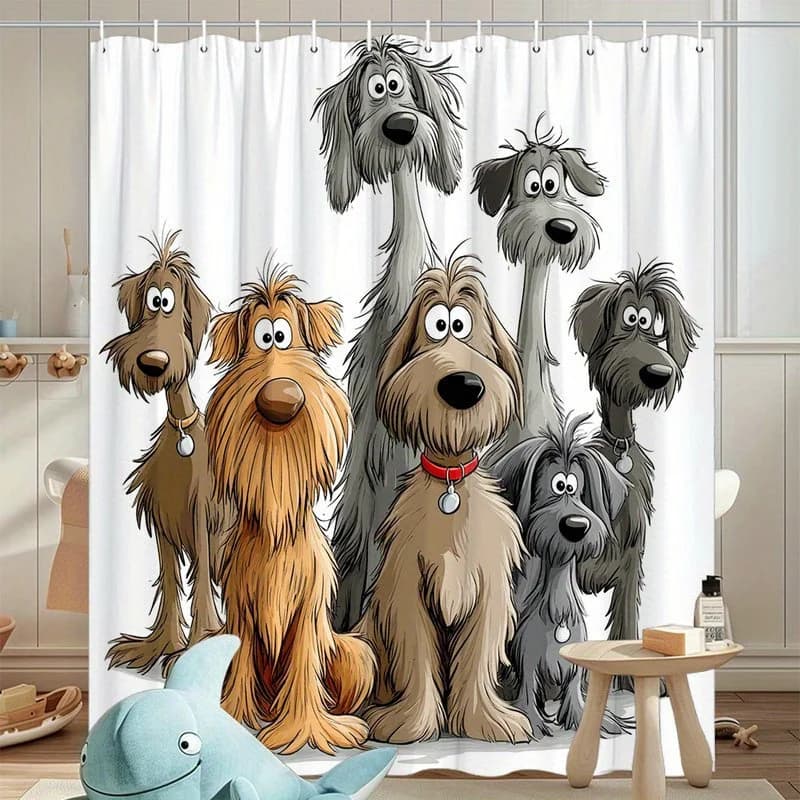 Scruffy & Friends Cartoon Shower Curtain - Anthropomorphic Dogs Design, Playful Red Collars & Tousled Fur, Brown