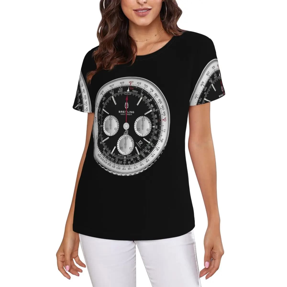 T-shirt Nera di Lusso con Quadrante di Orologio, Maglietta Donna a Maniche Corte, Girocollo, Abbigliamento in Cotone Estivo, Streetwear