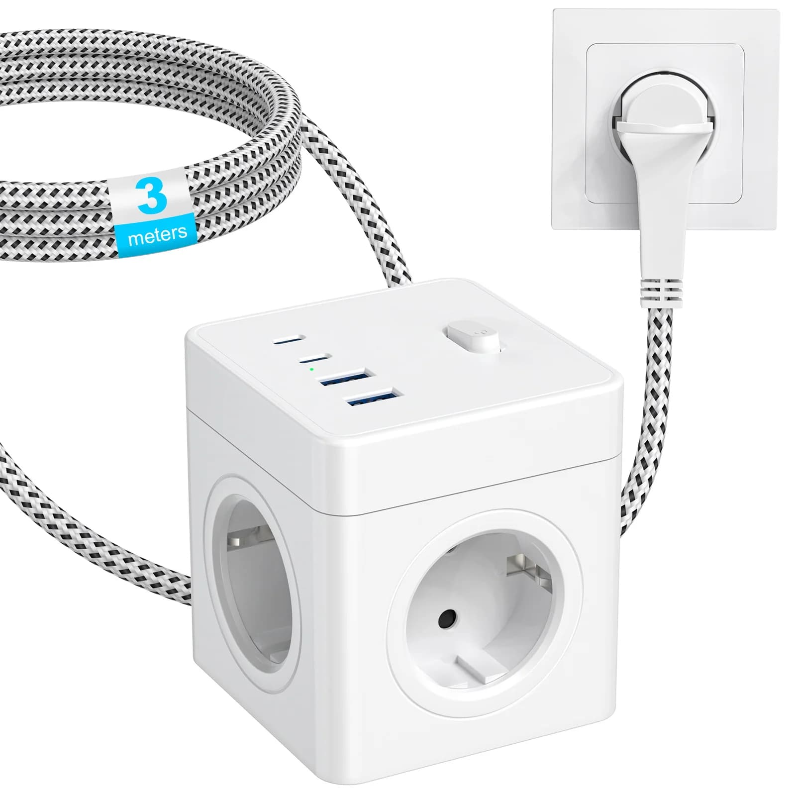 Multi-faceted cube with European flat socket with 3/2.5 meters braided cable USB wall socket Multi-functional home office adapter