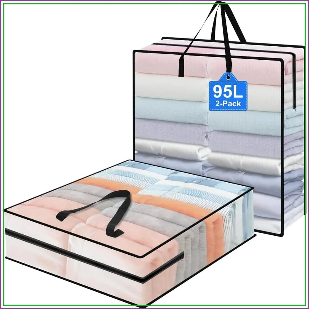 95L Under Bed Storage Bags, 2-Pack Clear Clothes Storage with Zippers and Handles, for Quilt Pillow Blanket Bedding or Closet Organizer