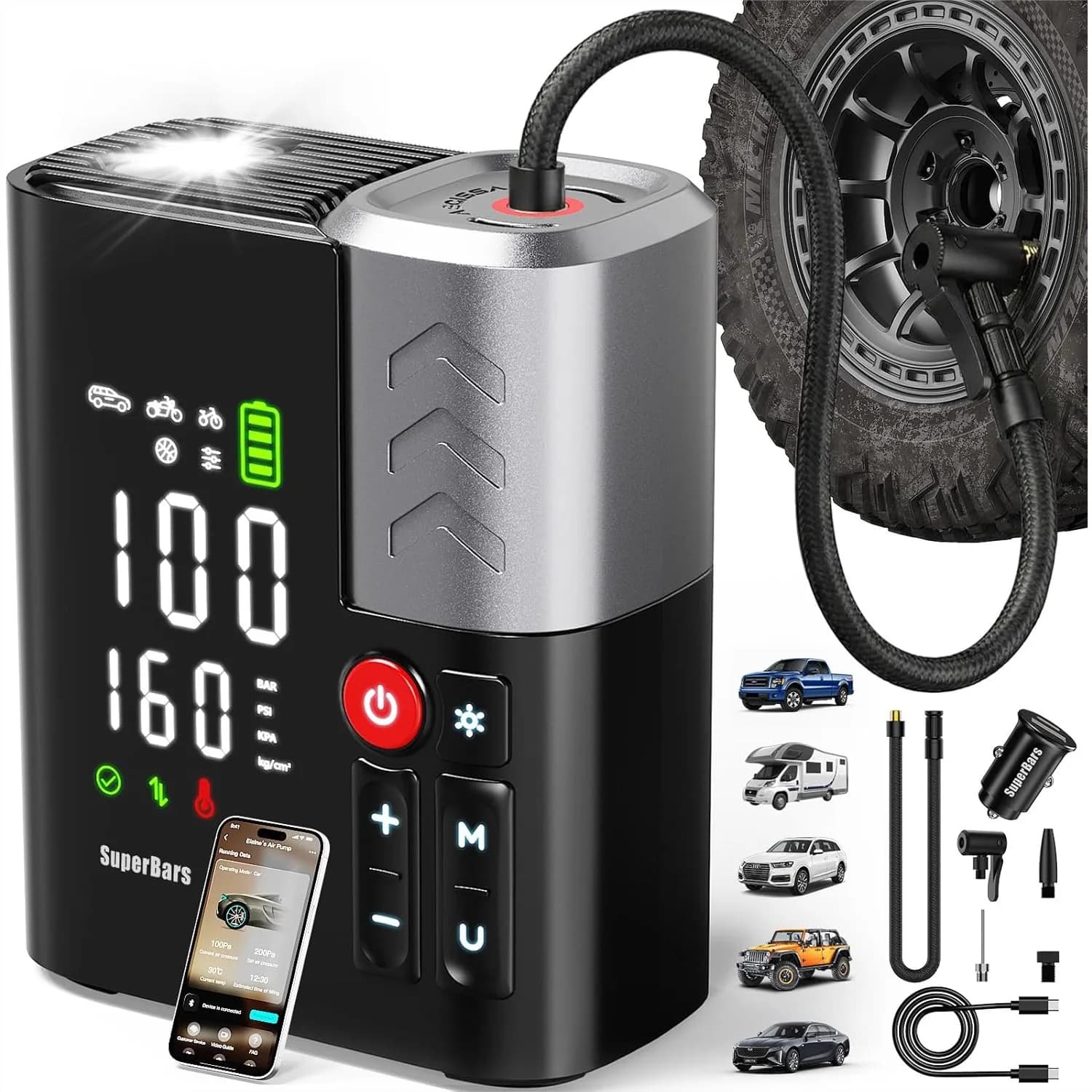 Compressore d'aria portatile per gonfiaggio pneumatici, pompa elettrica 48LPM 160PSI con batteria da 10400mAh, ricarica rapida 45W, controllo tramite APP, per auto