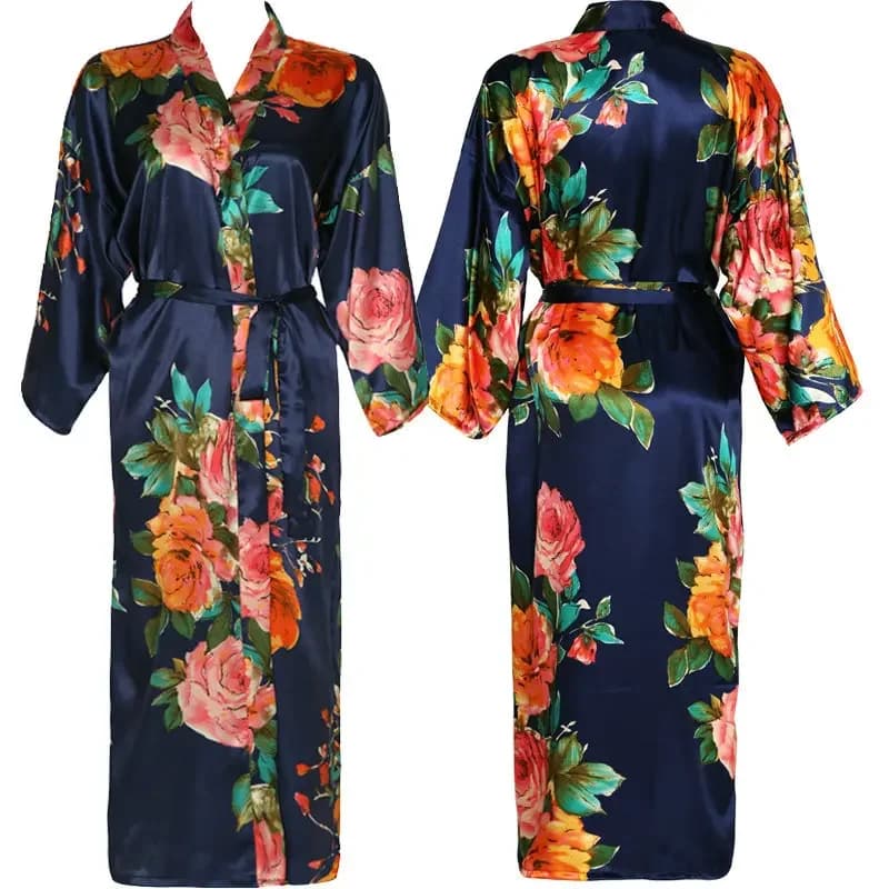 Long Kimono Floral Printed Bathrobe Women's Nightwear Satin Bridal Dress Ics Night Shirt in Silk Silk Dress